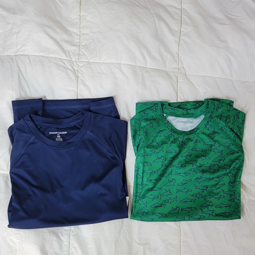 Amazon Essentials Green shark and Navy boys size 10. TWO Shirts.